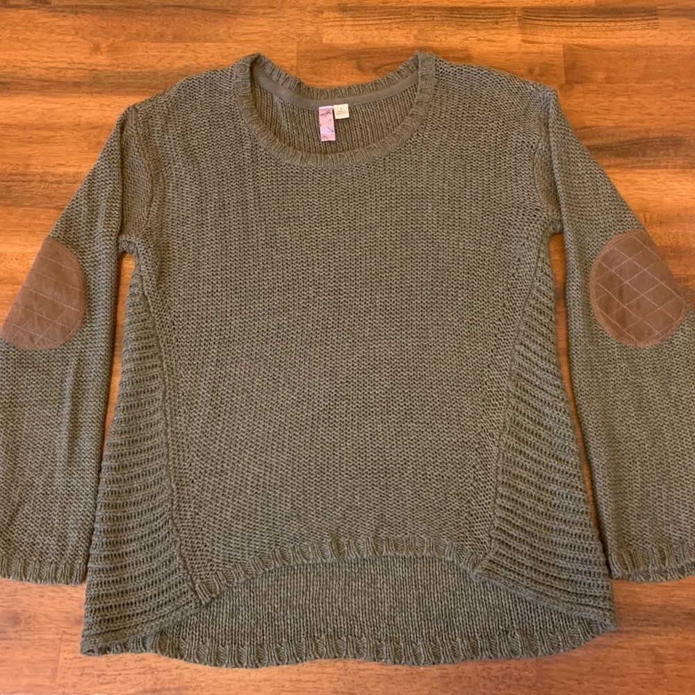 Alya sweater women’s large hunter green brown elbow patches open knit